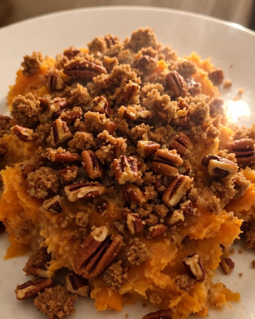 A serving of sweet potato casserole with pecan streusel on a white plate