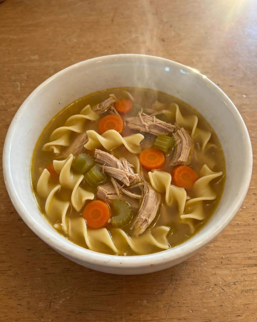 A bowl of turkey noodle soup ready to eat