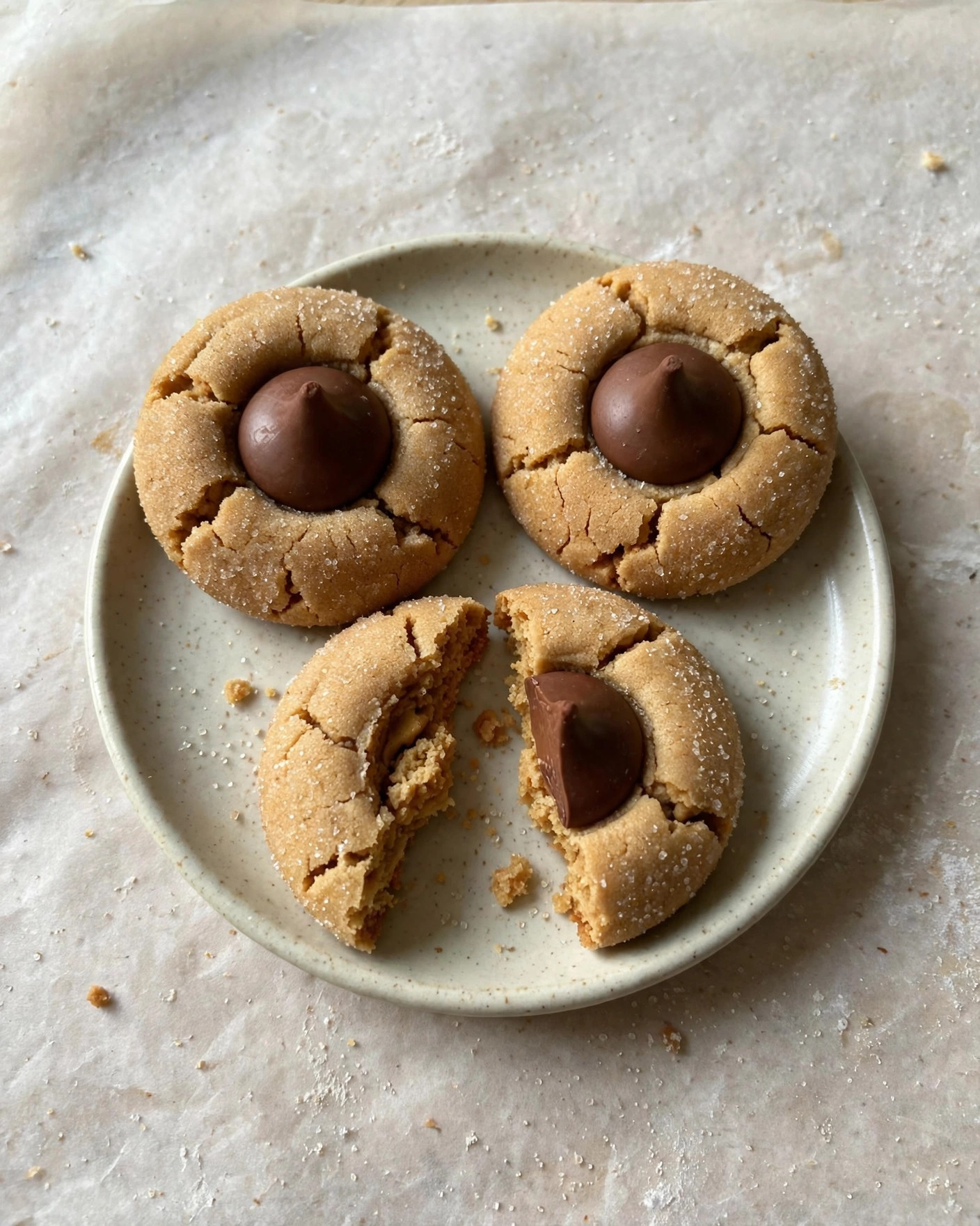 Three peanut butter blossom cookies on a small plate, one broken in half showing the soft peanut butter crumb under the chocolate kiss