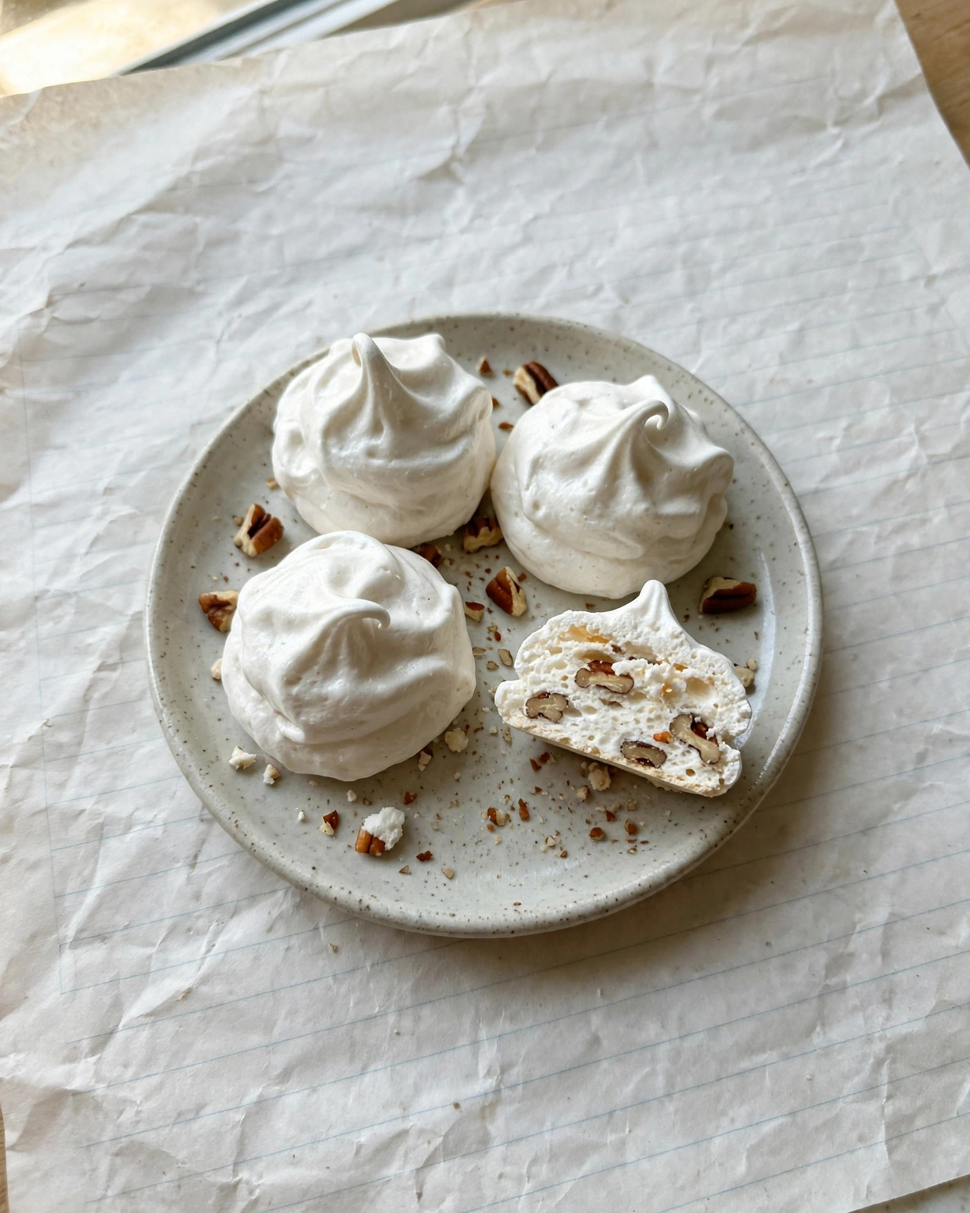 A few pieces of fluffy white divinity candy on a small plate, one cut open showing the light, airy inside with chopped pecans