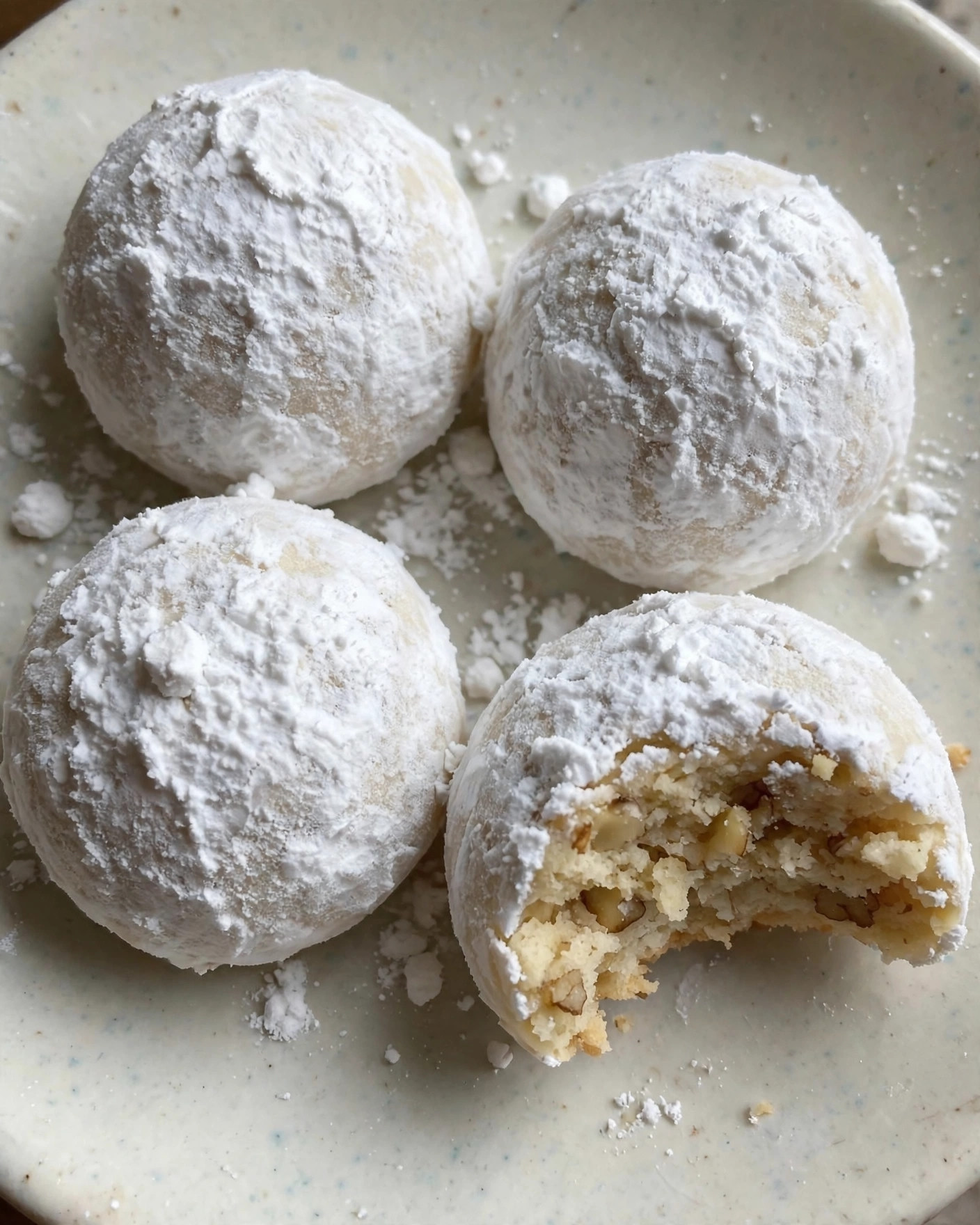 Four Russian tea cake snowball cookies on a small plate, one with a bite taken out showing the tender, nutty crumb inside the powdered sugar coating