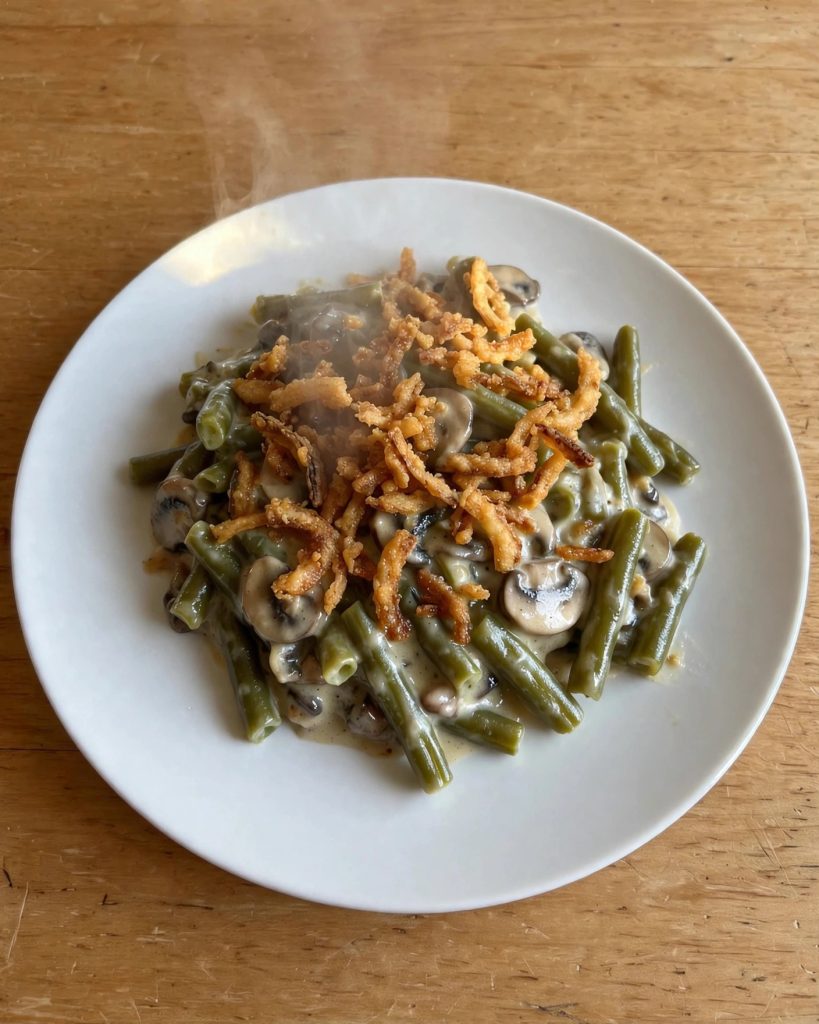 A serving of homemade green bean casserole on a plain plate