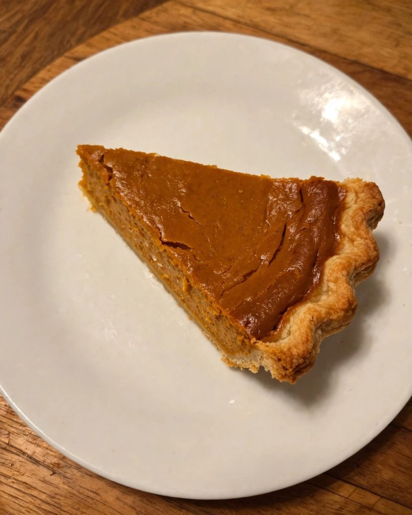 A slice of pumpkin pie on a white plate