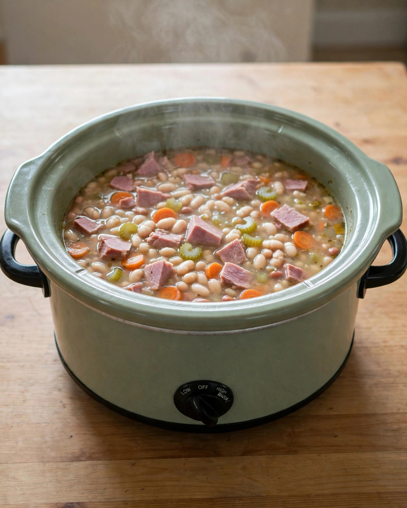 Slow cooker ham and bean soup with navy beans, ham and carrots in the crock