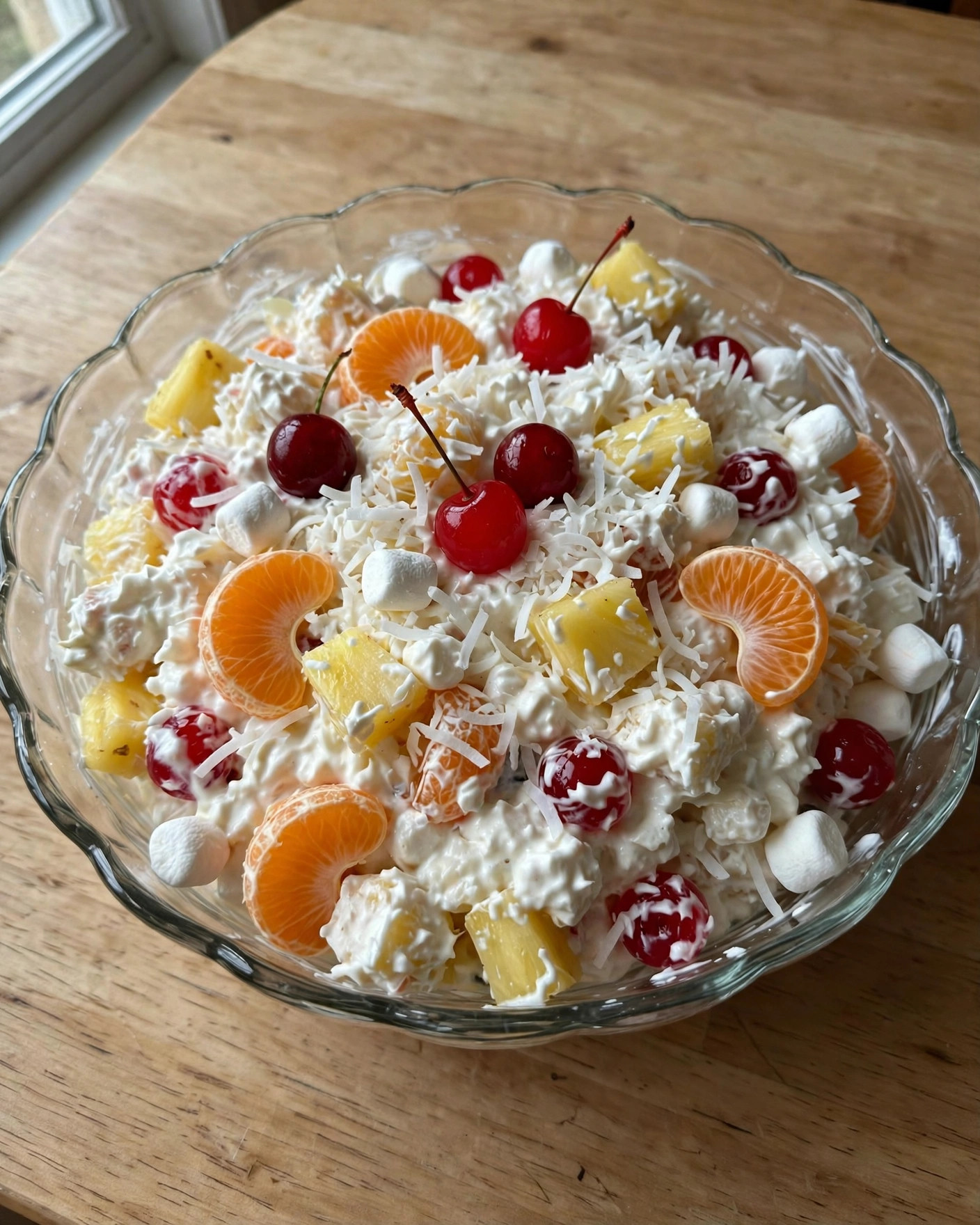 Classic ambrosia salad with mandarin oranges, pineapple, cherries and coconut in a glass bowl