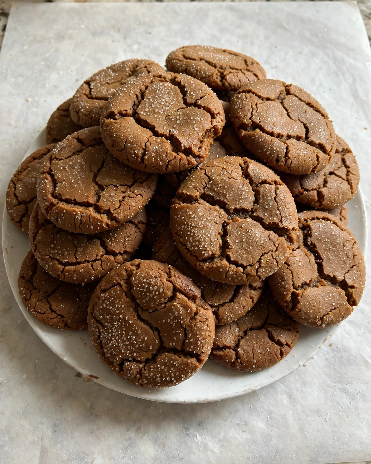 Soft gingerbread cookies with crackled sugar tops stacked on a plate
