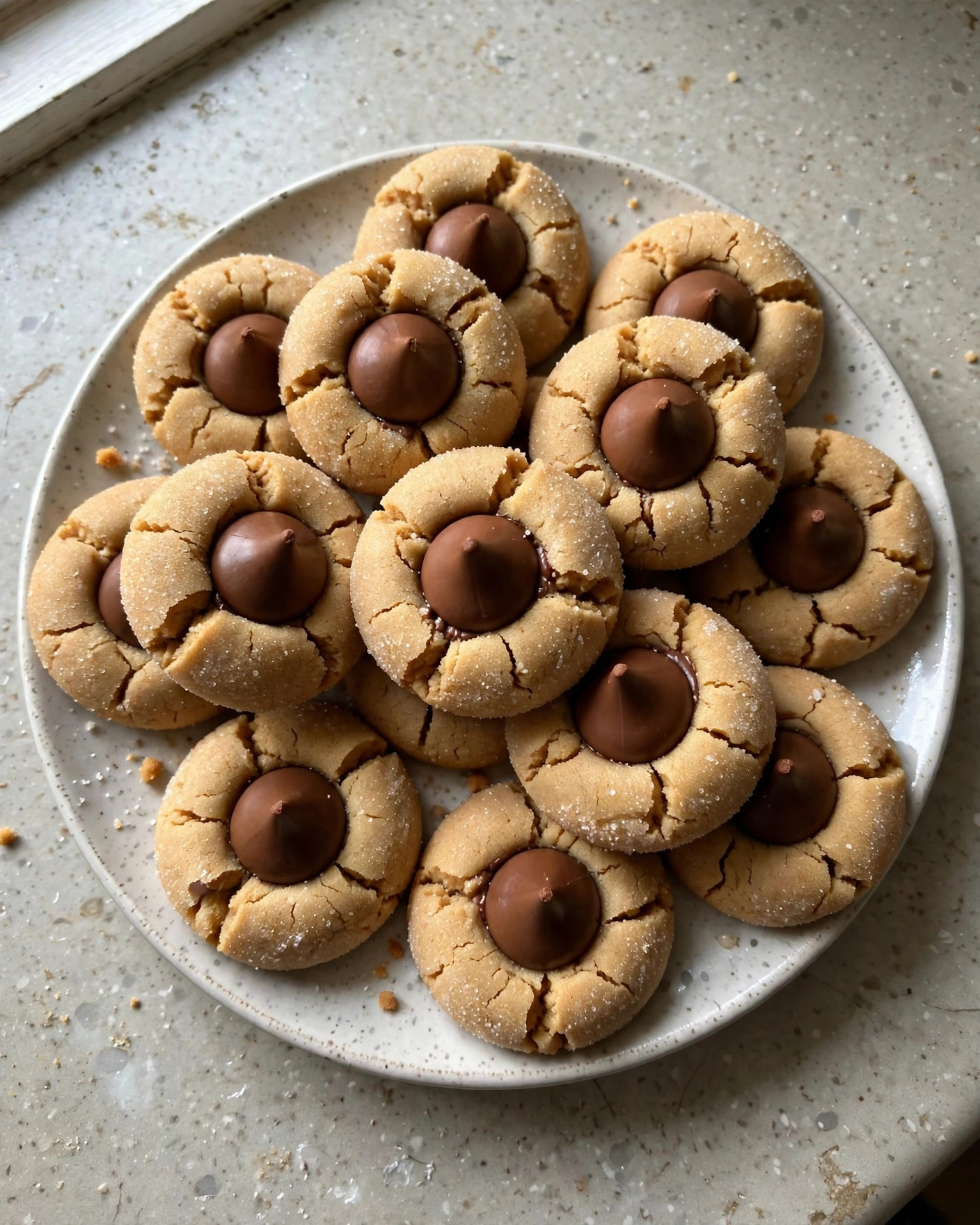 Classic peanut butter blossoms with chocolate kisses on a plate
