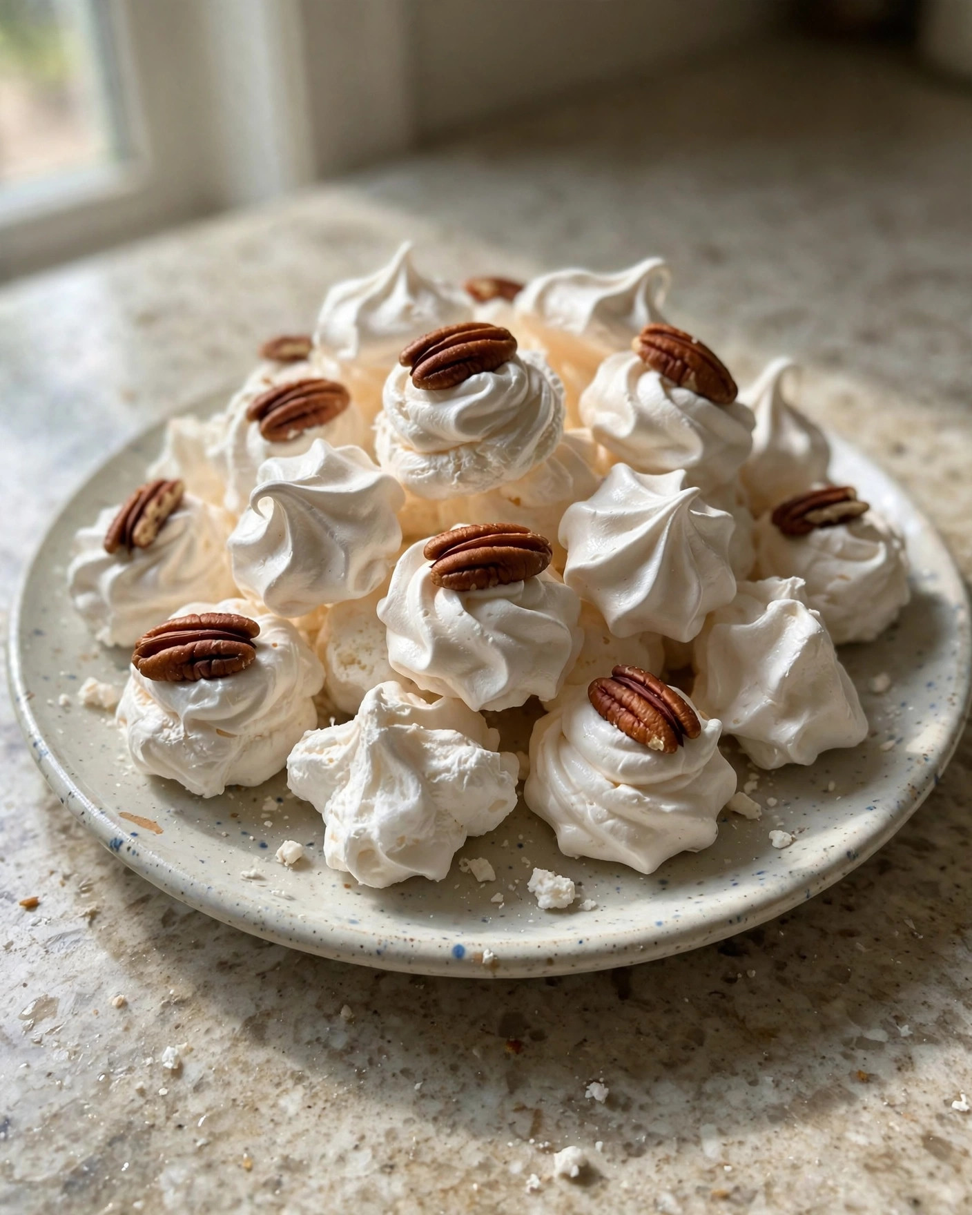 Old-fashioned divinity candy pieces with pecans piled on a plate