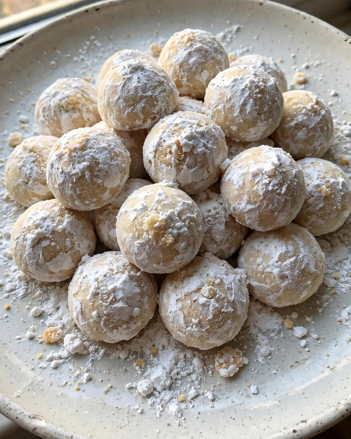 Russian tea cakes snowball cookies dusted with powdered sugar on a plate
