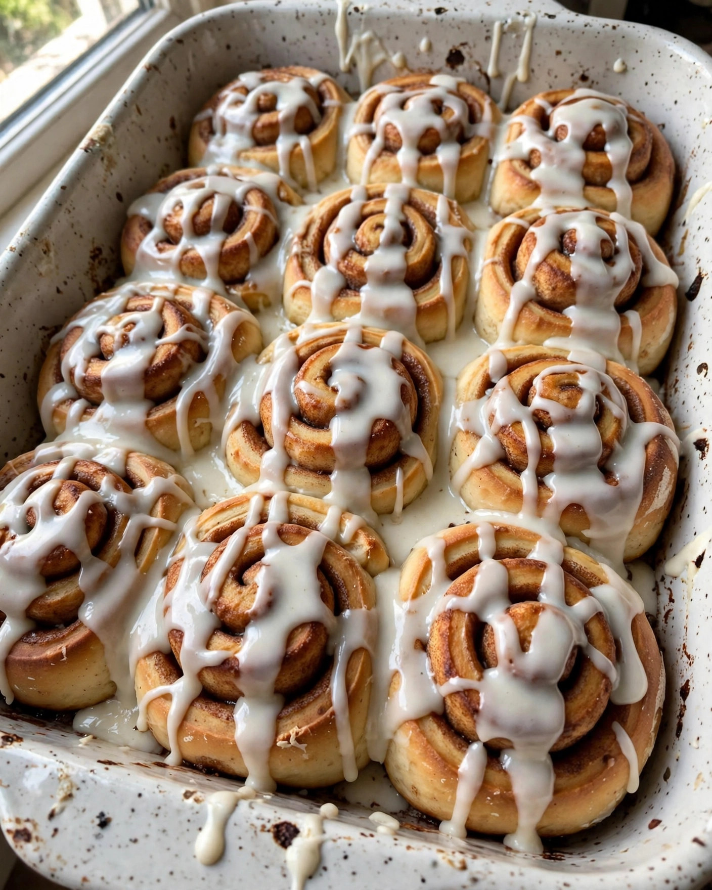 Grandma's cinnamon rolls with vanilla icing in a baking pan