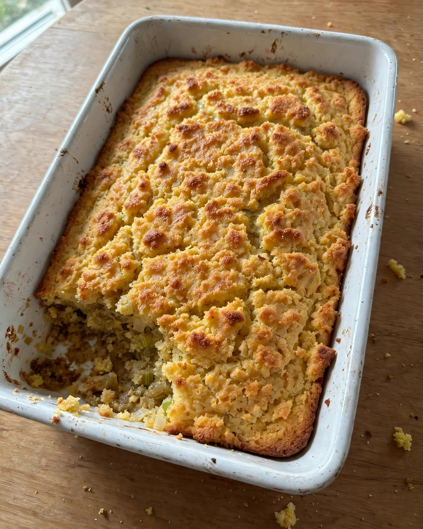 Grandma's cornbread dressing baked golden in a white baking dish