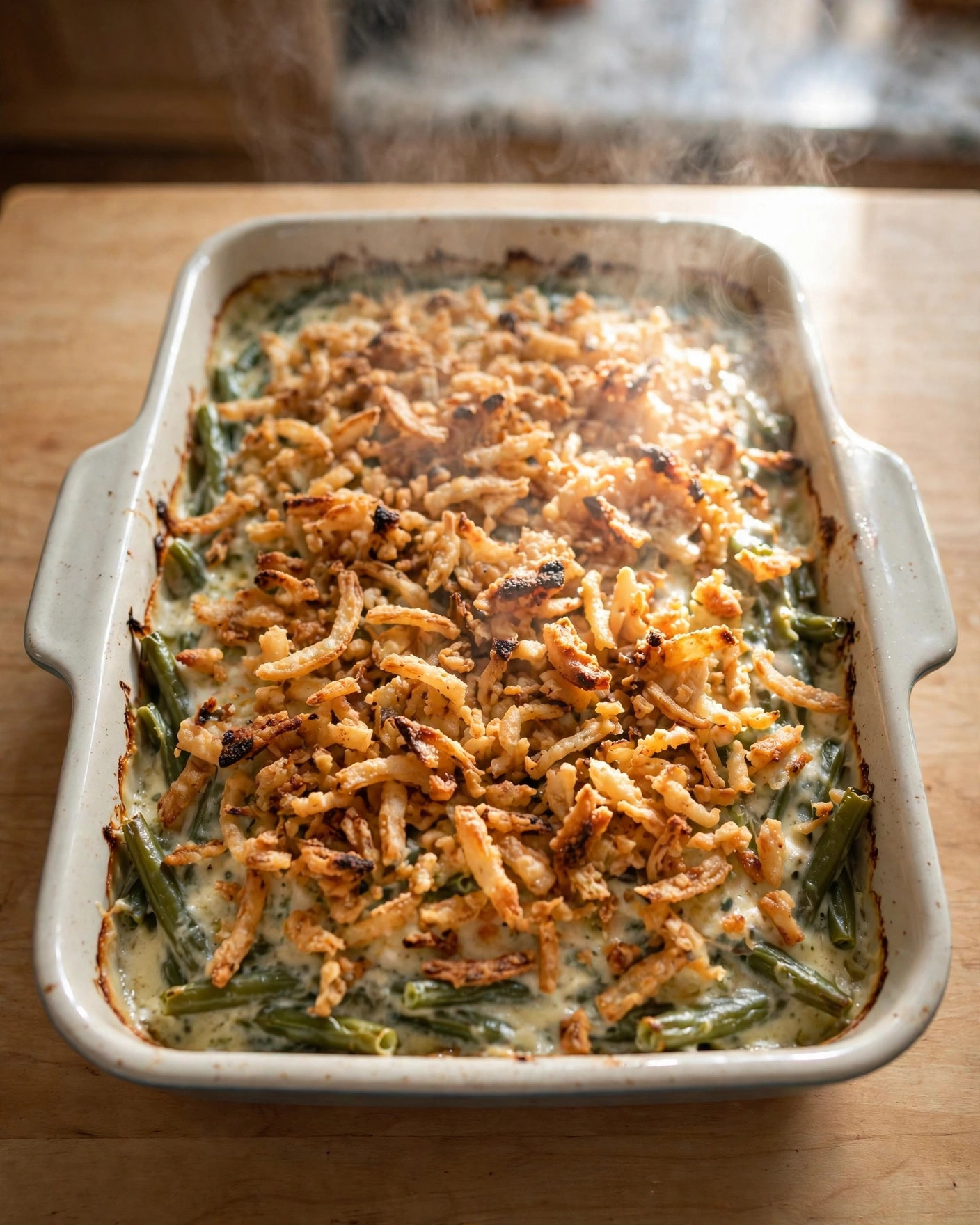 Green bean casserole with golden crispy fried onions in a baking dish