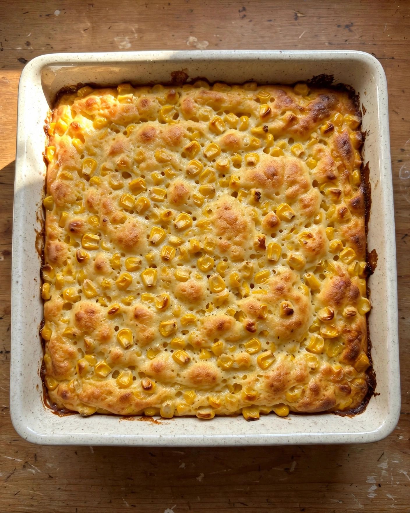 Corn casserole baked golden and puffed in a baking dish