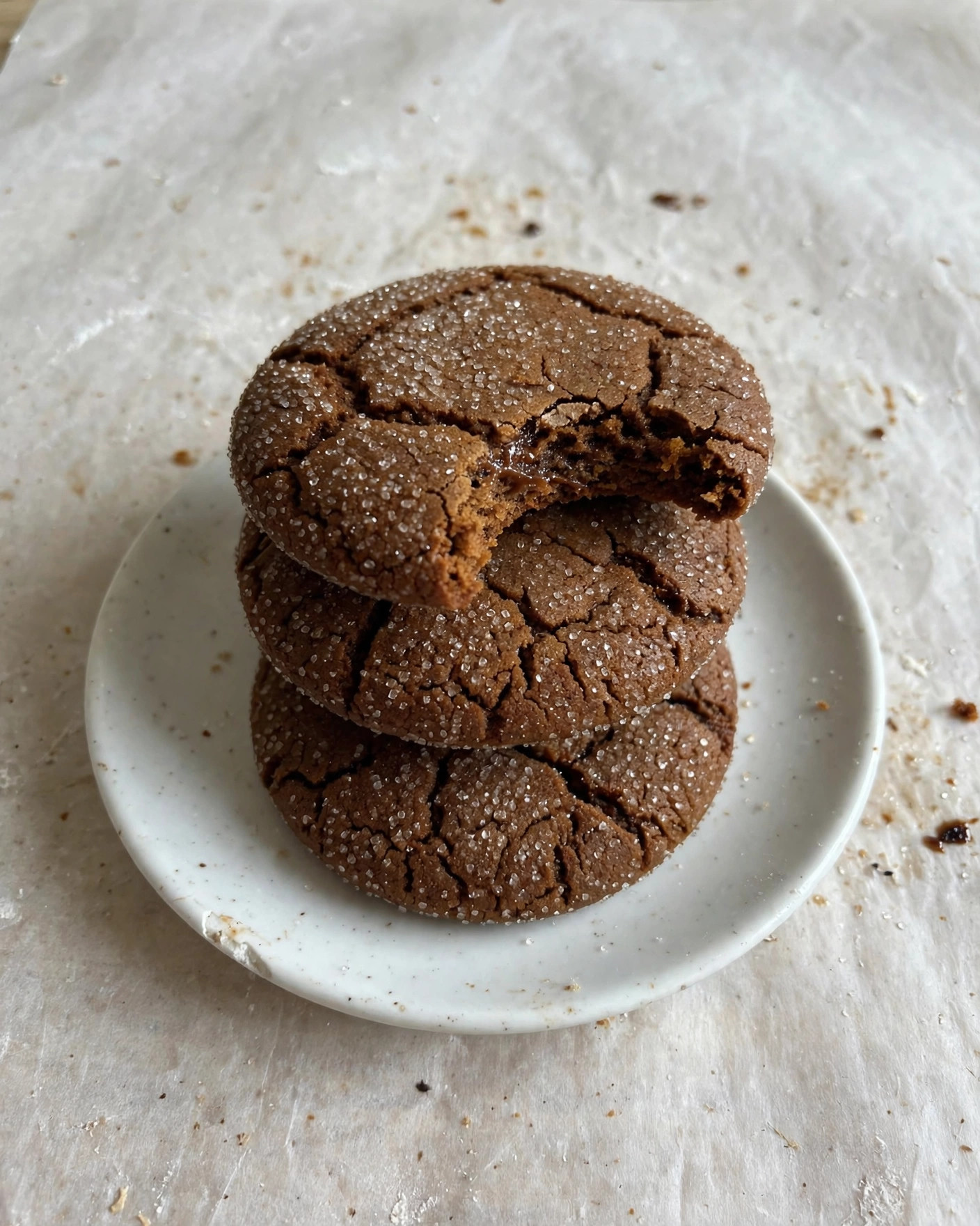 Three soft gingerbread cookies stacked on a small plate, one with a bite taken out showing the soft, chewy middle